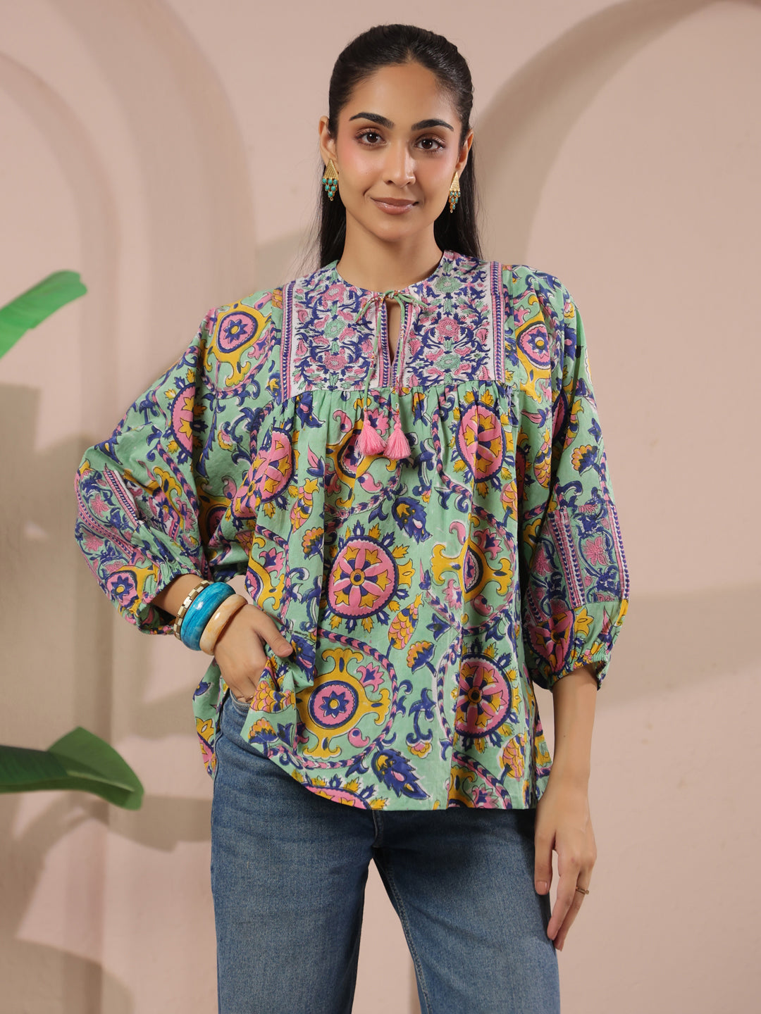 Seagreen Floral Printed Pure Cotton Boho Top