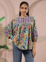 Seagreen Floral Printed Pure Cotton Boho Top