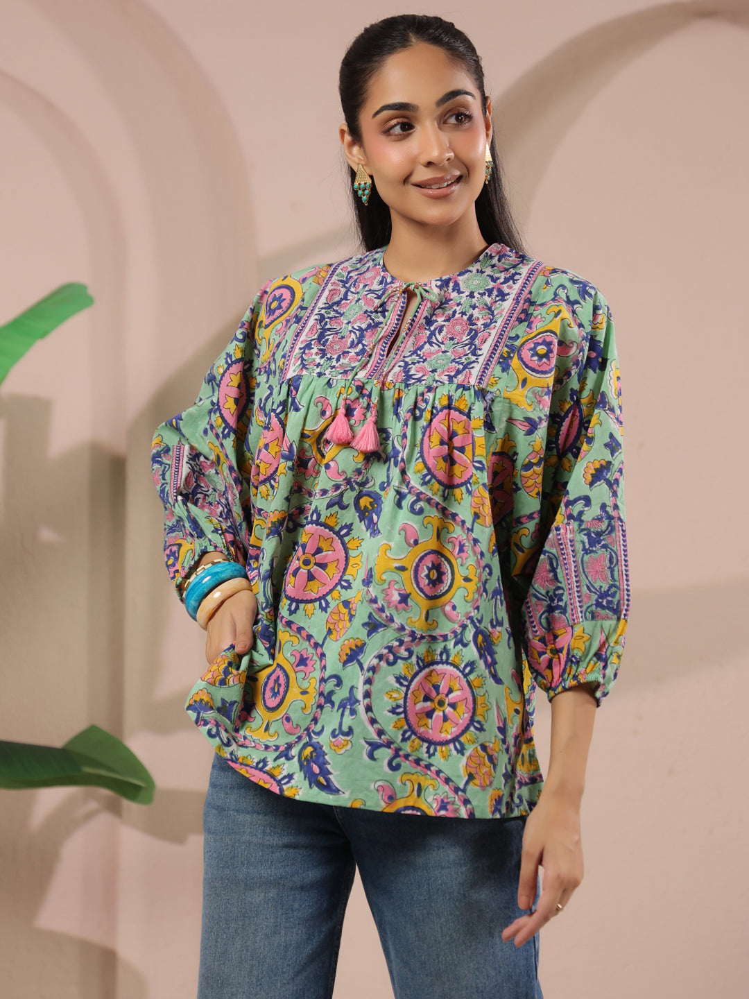 Seagreen Floral Printed Pure Cotton Boho Top