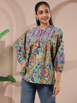 Seagreen Floral Printed Pure Cotton Boho Top