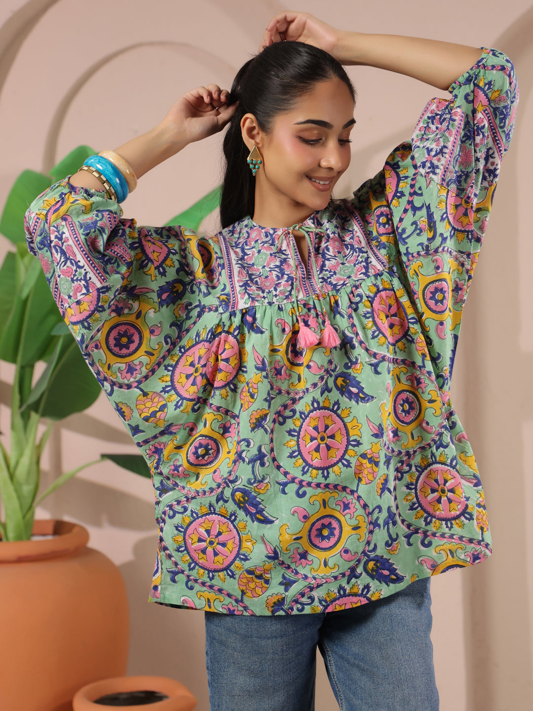 Seagreen Floral Printed Pure Cotton Boho Top