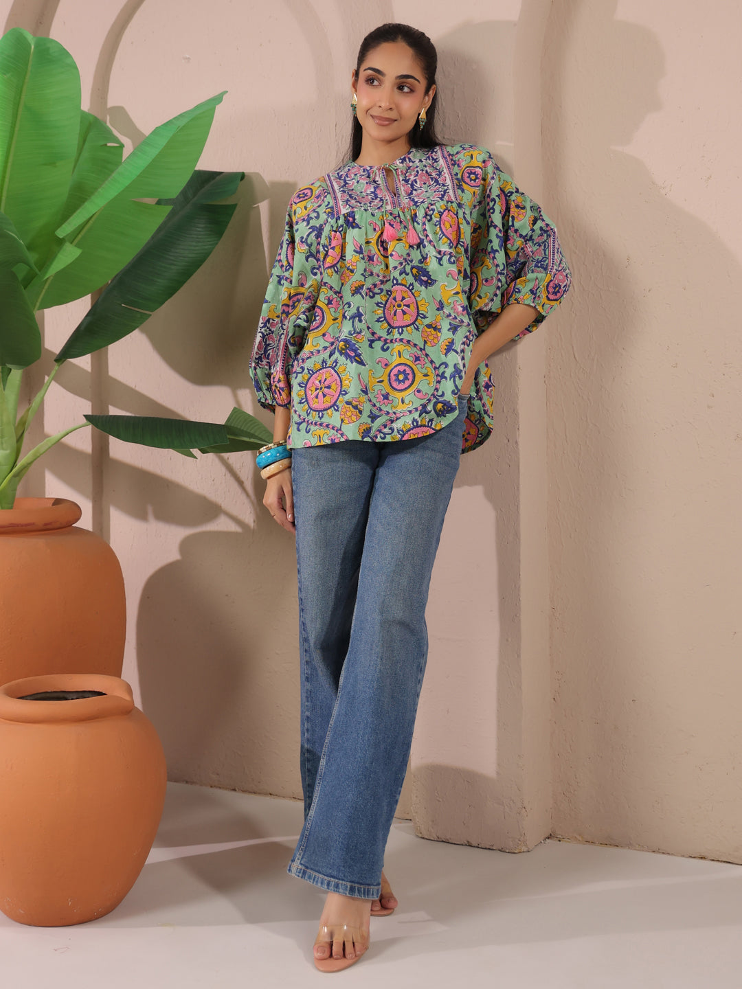 Seagreen Floral Printed Pure Cotton Boho Top