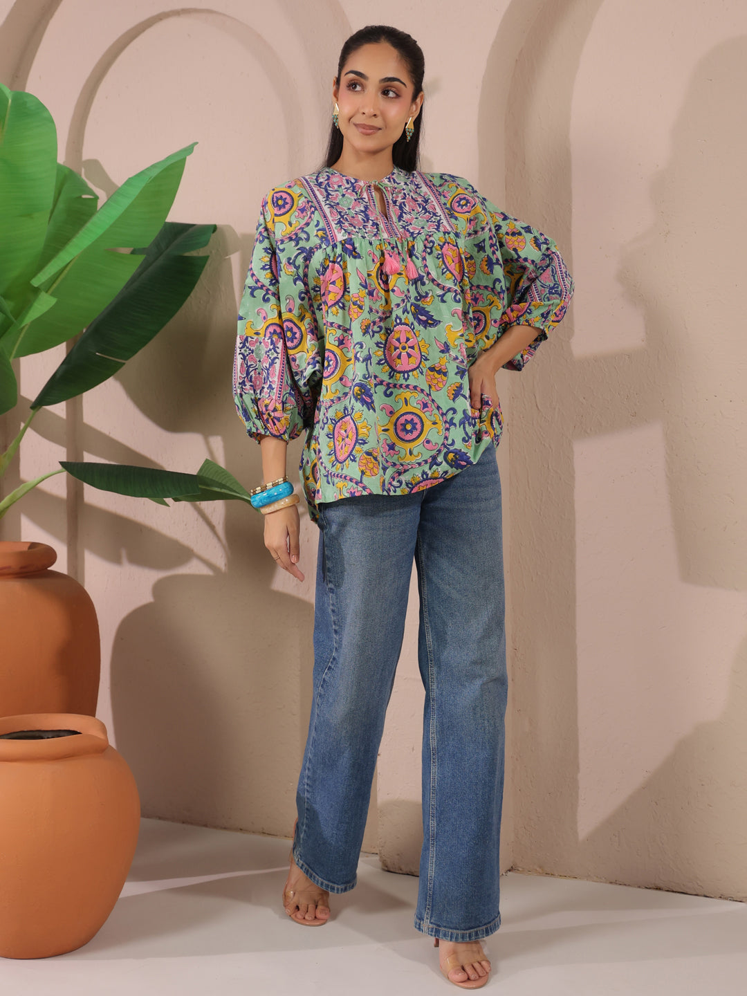 Seagreen Floral Printed Pure Cotton Boho Top