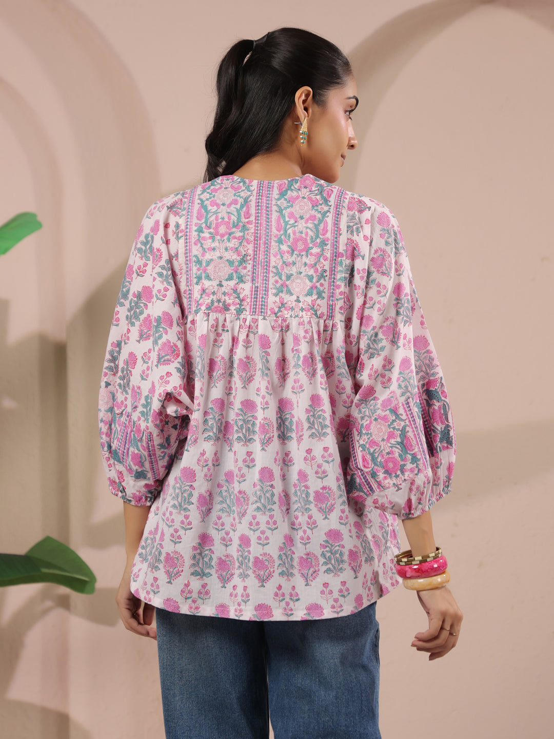 White & Pink Floral Printed Pure Cotton Boho Top
