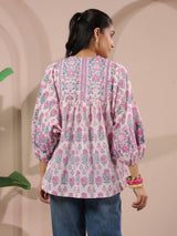 White & Pink Floral Printed Pure Cotton Boho Top