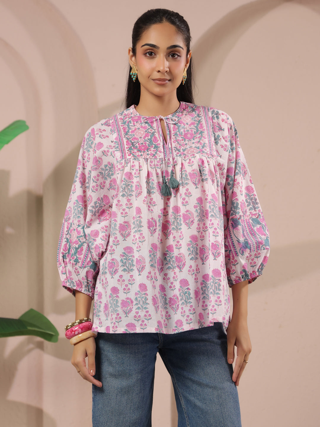 White & Pink Floral Printed Pure Cotton Boho Top