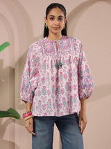 White & Pink Floral Printed Pure Cotton Boho Top