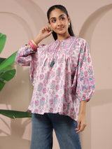 White & Pink Floral Printed Pure Cotton Boho Top
