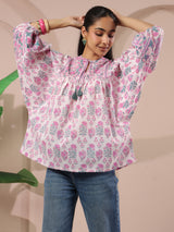 White & Pink Floral Printed Pure Cotton Boho Top