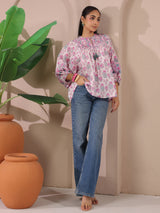 White & Pink Floral Printed Pure Cotton Boho Top