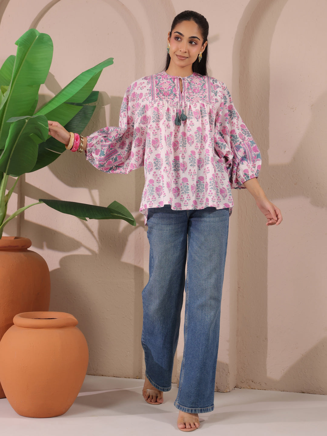 White & Pink Floral Printed Pure Cotton Boho Top