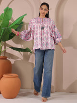 White & Pink Floral Printed Pure Cotton Boho Top