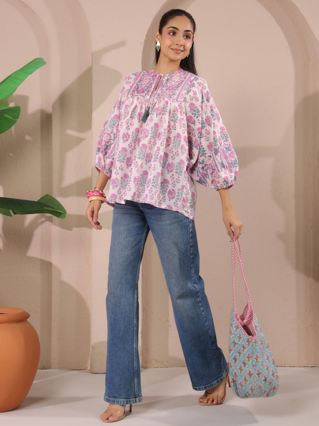 White & Pink Floral Printed Pure Cotton Boho Top
