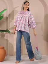 White & Pink Floral Printed Pure Cotton Boho Top