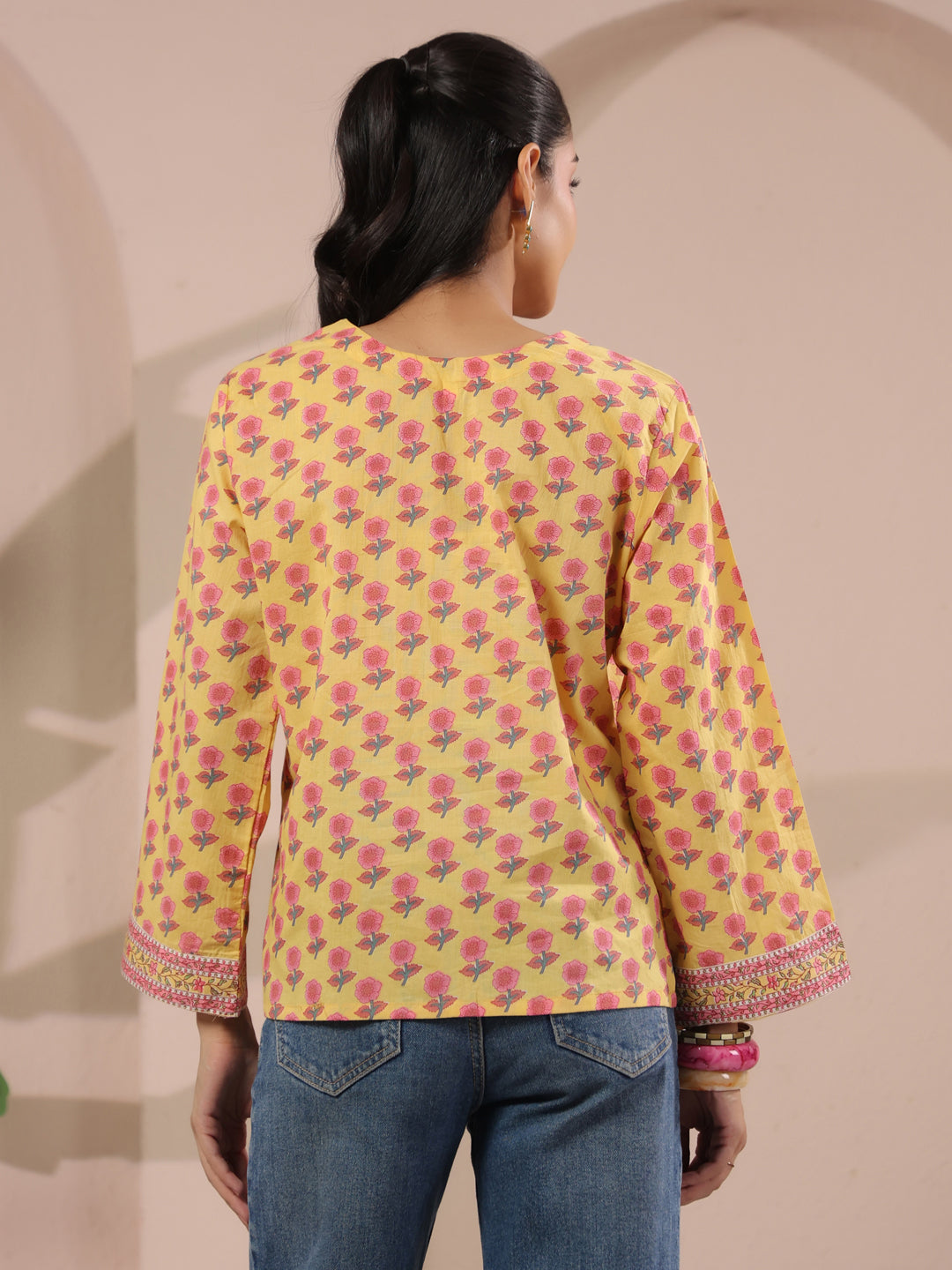 Yellow Floral Printed V-Neck Cotton Top