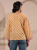 Yellow Floral Printed V-Neck Cotton Top