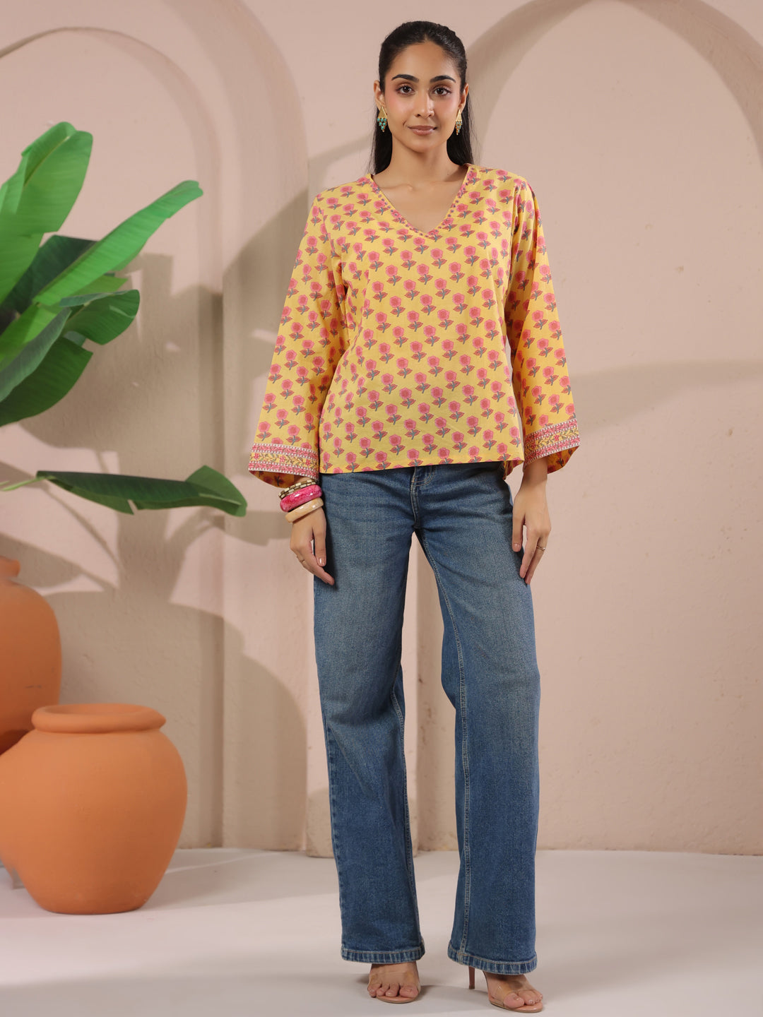 Yellow Floral Printed V-Neck Cotton Top