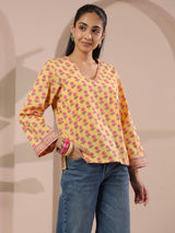 Yellow Floral Printed V-Neck Cotton Top