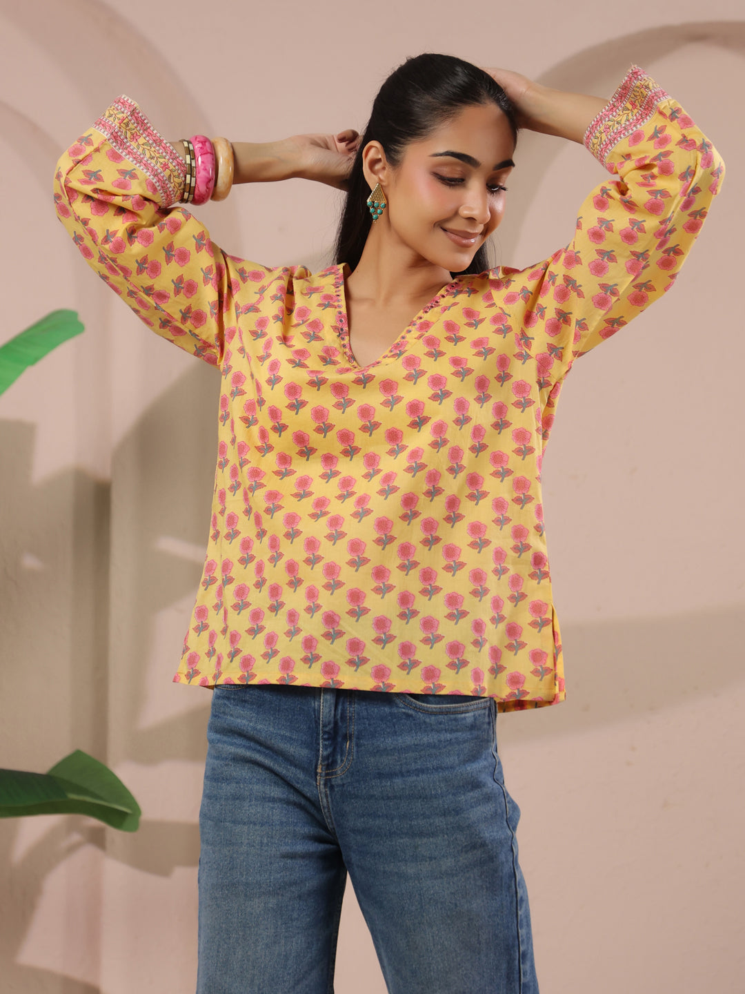 Yellow Floral Printed V-Neck Cotton Top