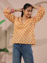 Yellow Floral Printed V-Neck Cotton Top