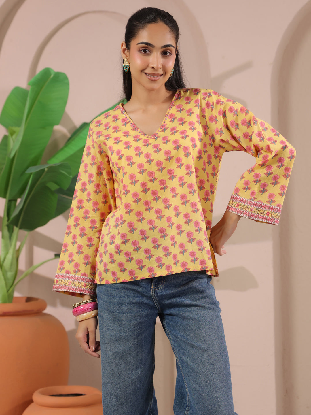 Yellow Floral Printed V-Neck Cotton Top