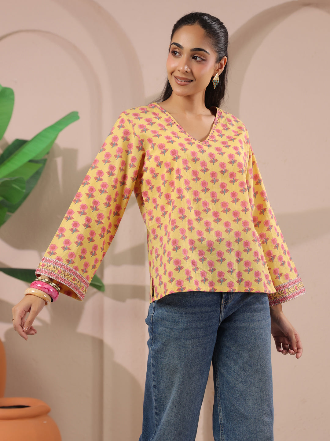 Yellow Floral Printed V-Neck Cotton Top