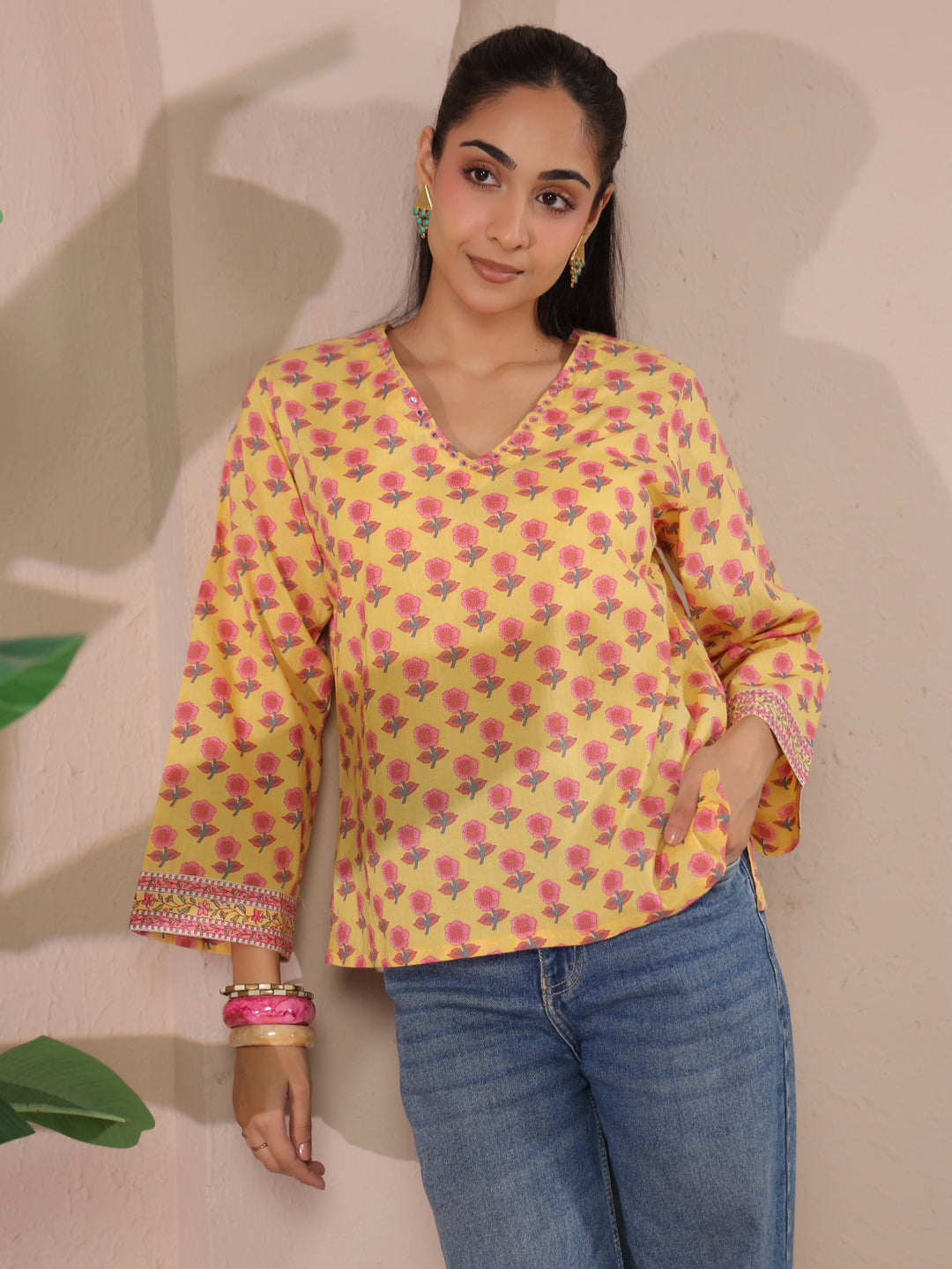 Yellow Floral Printed V-Neck Cotton Top
