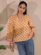 Yellow Floral Printed V-Neck Cotton Top