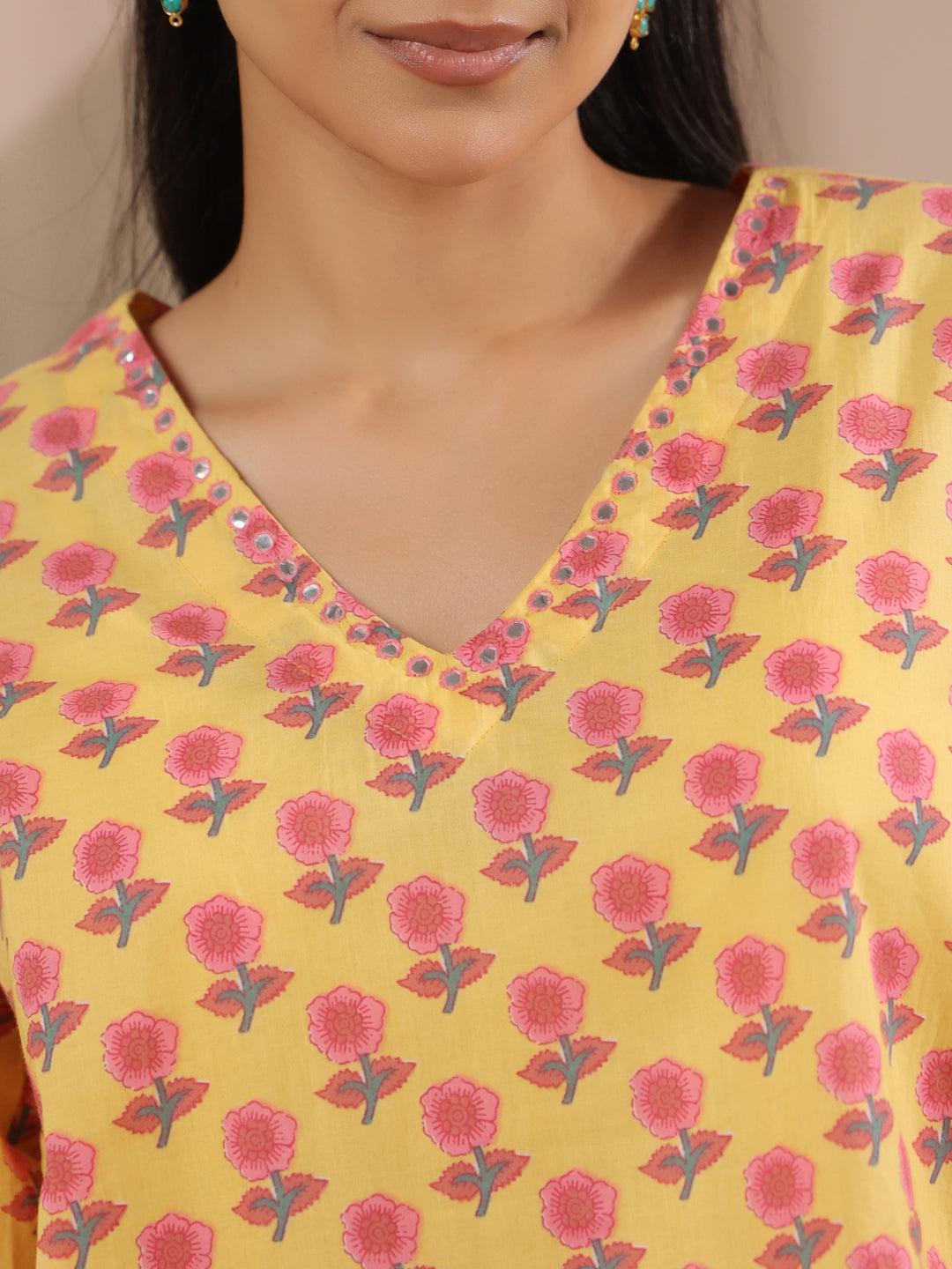 Yellow Floral Printed V-Neck Cotton Top