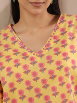 Yellow Floral Printed V-Neck Cotton Top
