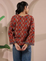 Maroon Paan Printed V-Neck Cotton Top