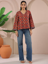 Maroon Paan Printed V-Neck Cotton Top