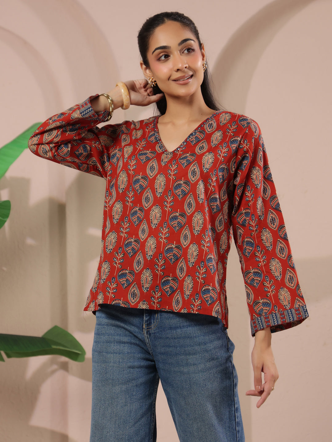 Maroon Paan Printed V-Neck Cotton Top