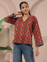 Maroon Paan Printed V-Neck Cotton Top