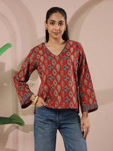 Maroon Paan Printed V-Neck Cotton Top