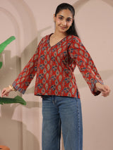 Maroon Paan Printed V-Neck Cotton Top