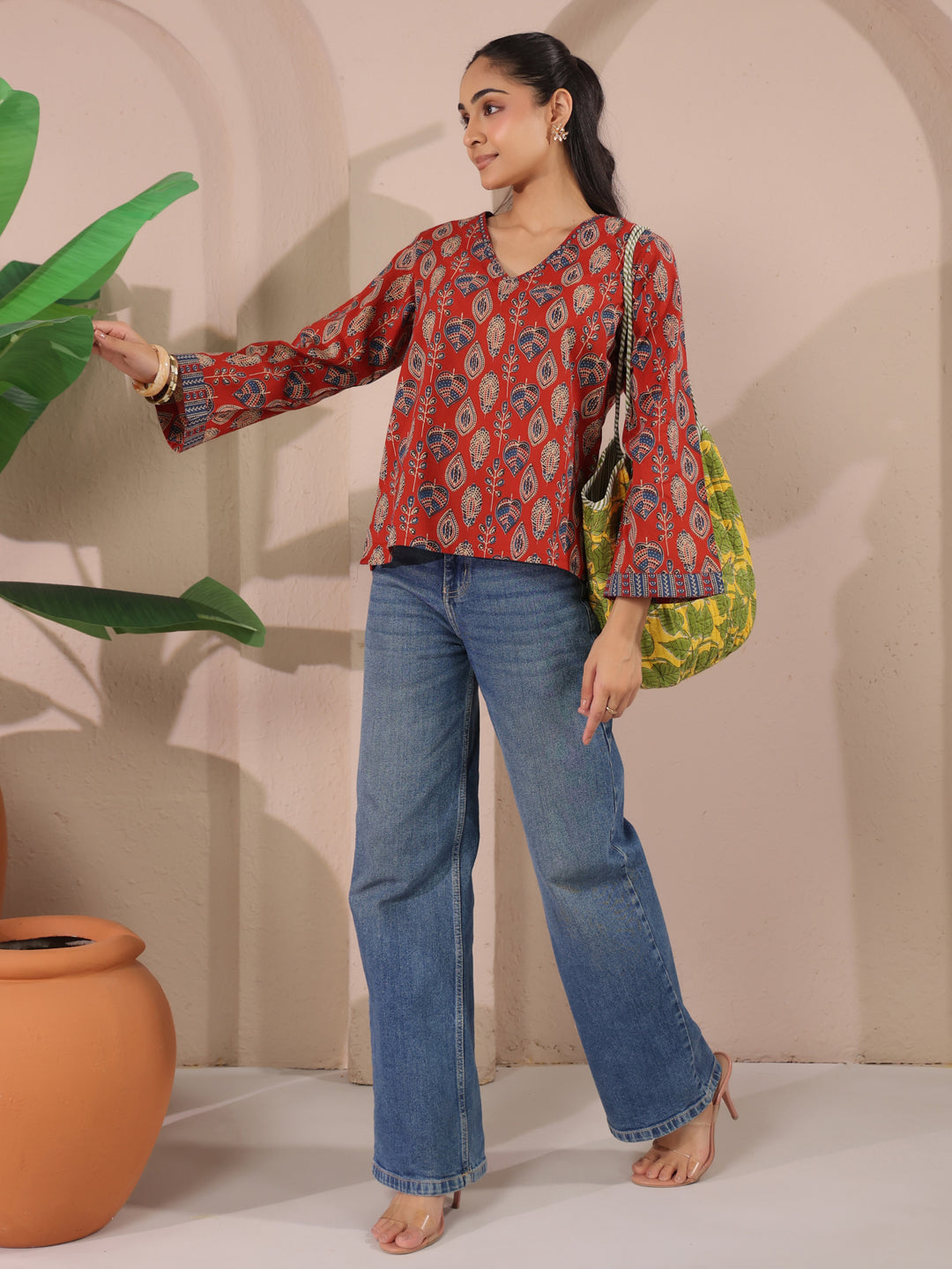 Maroon Paan Printed V-Neck Cotton Top