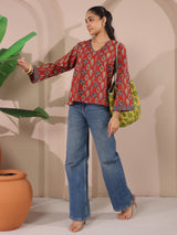 Maroon Paan Printed V-Neck Cotton Top
