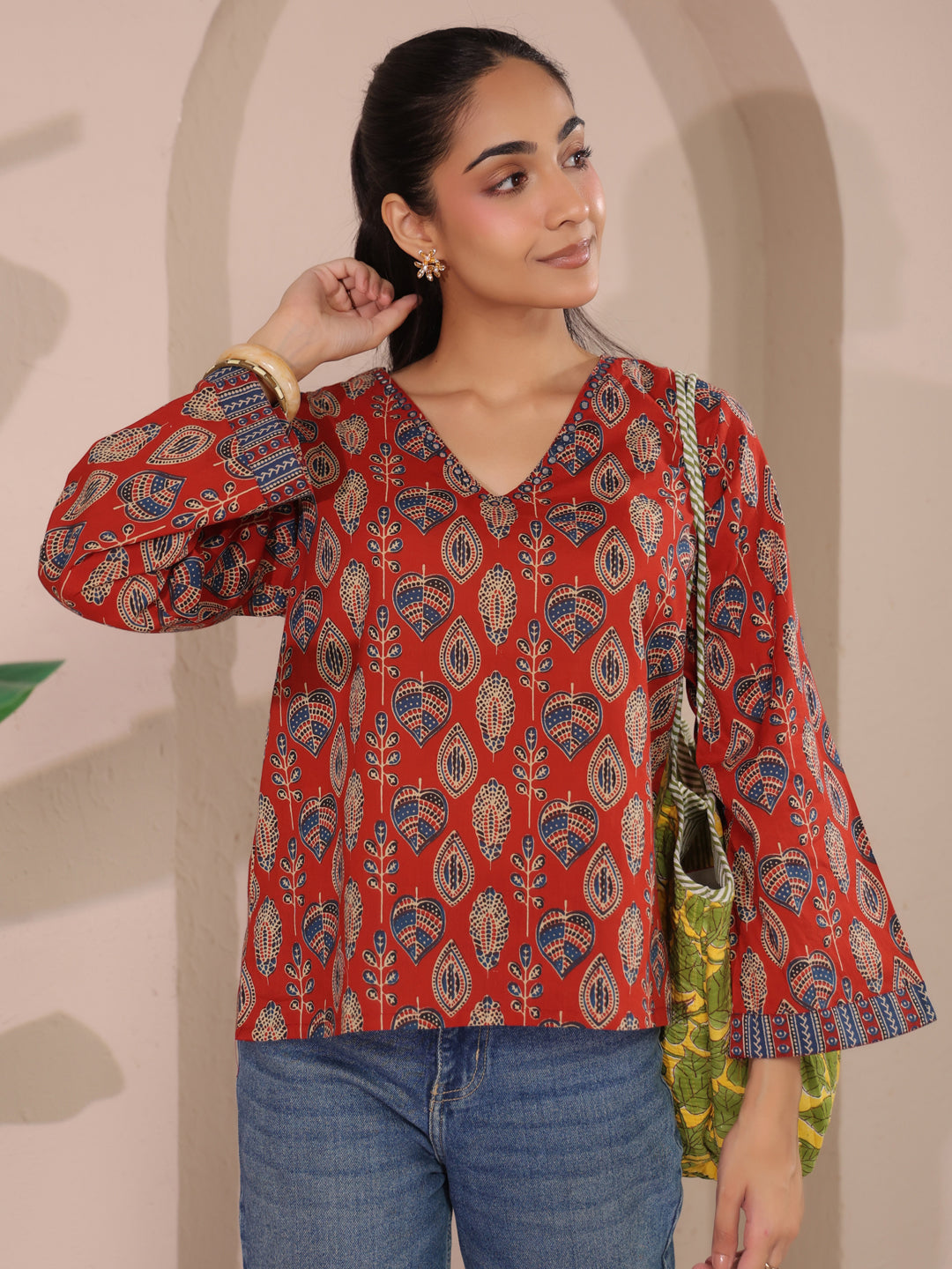 Maroon Paan Printed V-Neck Cotton Top