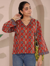 Maroon Paan Printed V-Neck Cotton Top