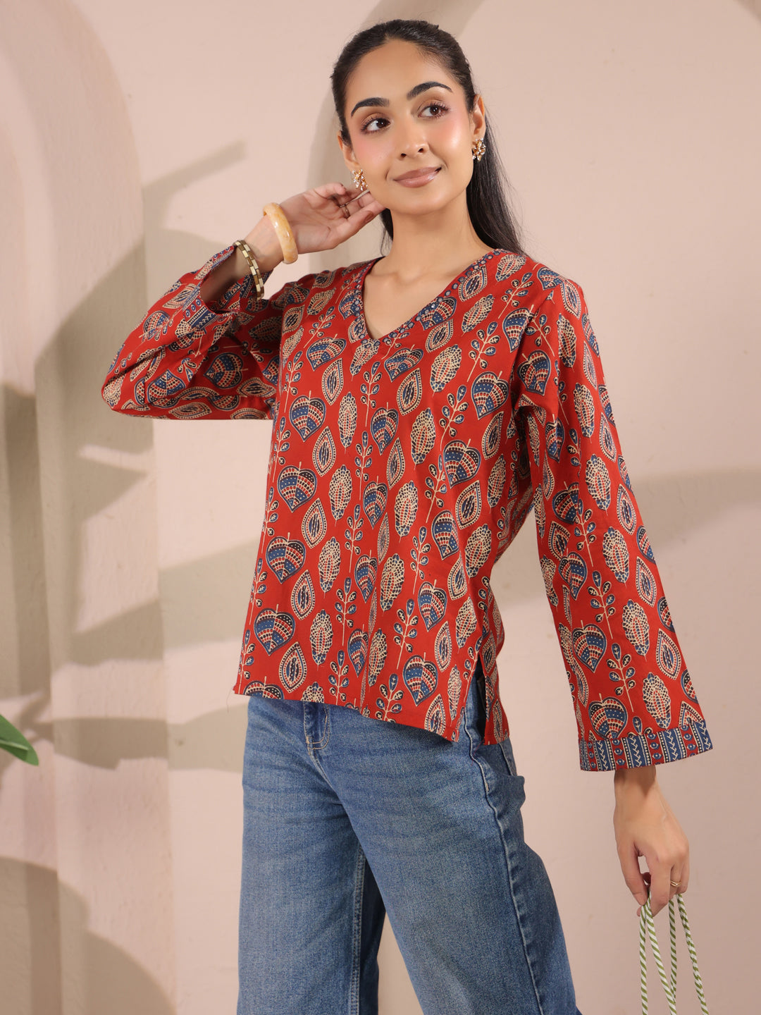 Maroon Paan Printed V-Neck Cotton Top