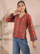 Maroon Paan Printed V-Neck Cotton Top