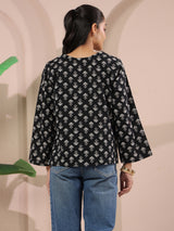 Black Booti Printed V-Neck Cotton Top