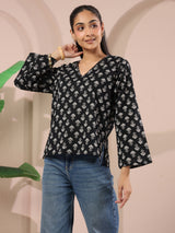 Black Booti Printed V-Neck Cotton Top