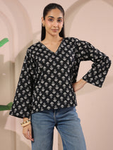 Black Booti Printed V-Neck Cotton Top
