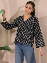 Black Booti Printed V-Neck Cotton Top
