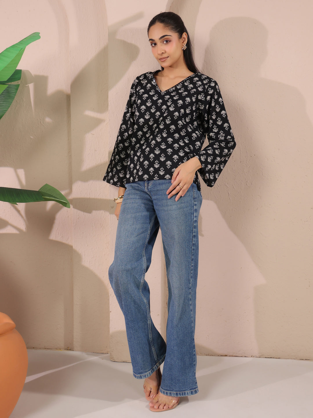 Black Booti Printed V-Neck Cotton Top