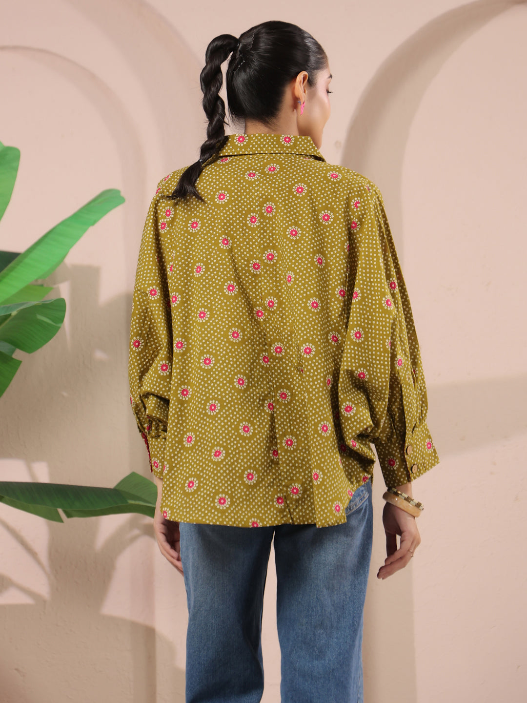 Green Bandhej Printed Anti-Fit Shirt with Patch Pockets