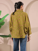 Green Bandhej Printed Anti-Fit Shirt with Patch Pockets