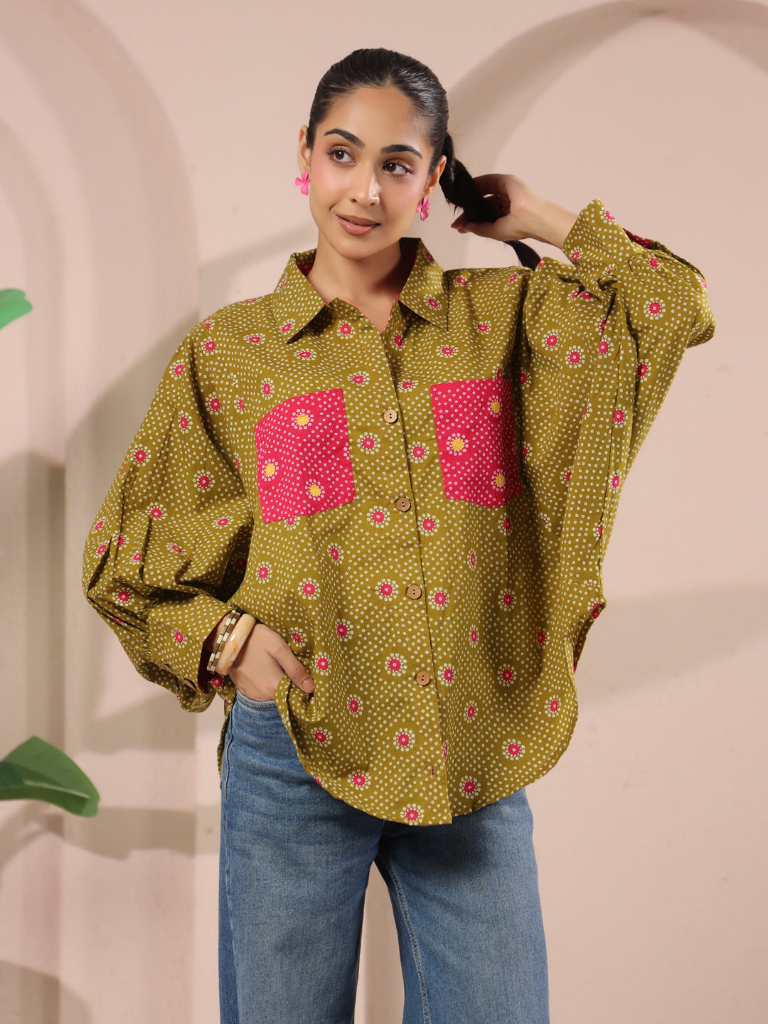 Green Bandhej Printed Anti-Fit Shirt with Patch Pockets